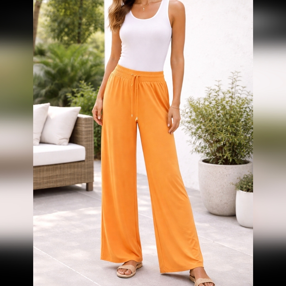 Always Indigo Women's Pants Wide Leg Size L Elastic Waist Yellow Casual